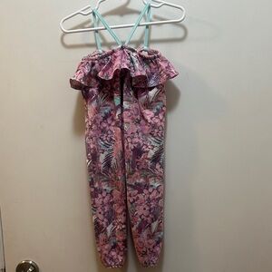 Jessica Simpson Pink and Green Floral Kids Romper With Snaps on Bottom